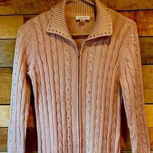 Calvin Klein M Pink Sweater Dress Cable Knit Ribbed Gold Studs Bodycon Zip Front